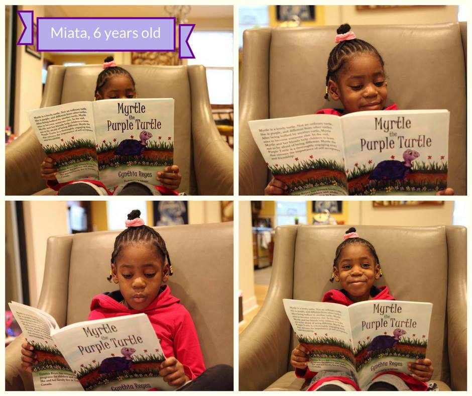 Young fans of Myrtle, Miata reading Myrtle the Purple Turtle